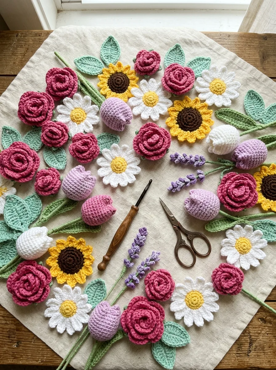 An abundant arrangement of crochet flowers in pastel colors: roses, daisies, sunflowers, tulips, and lavender sprigs spread across a cream linen tablecloth.