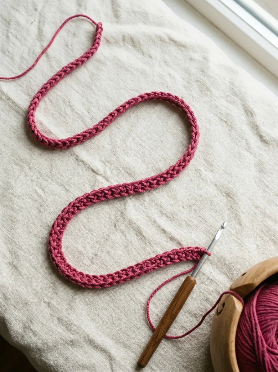 A long crochet foundation chain in pink cotton with the hook at one end.