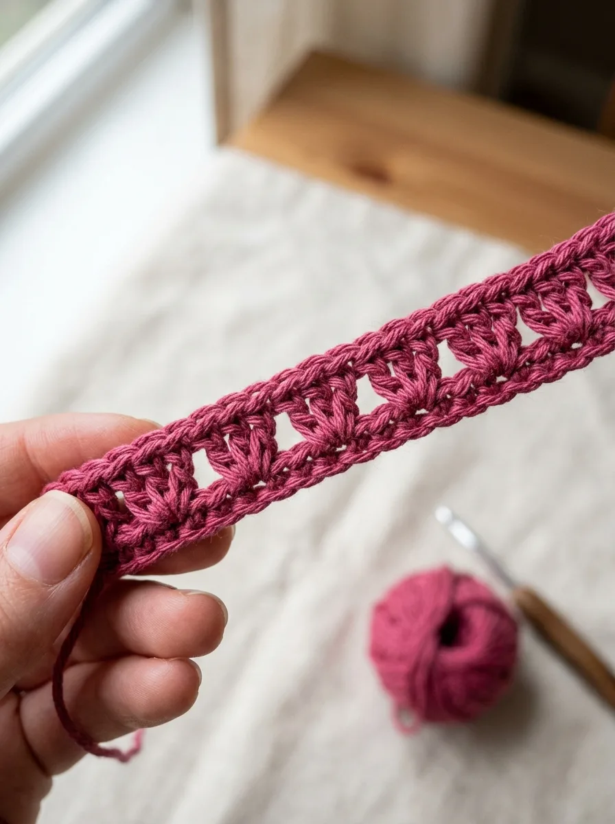 A row of V-stitches worked along a crochet chain, each V made of two double crochet separated by chains.