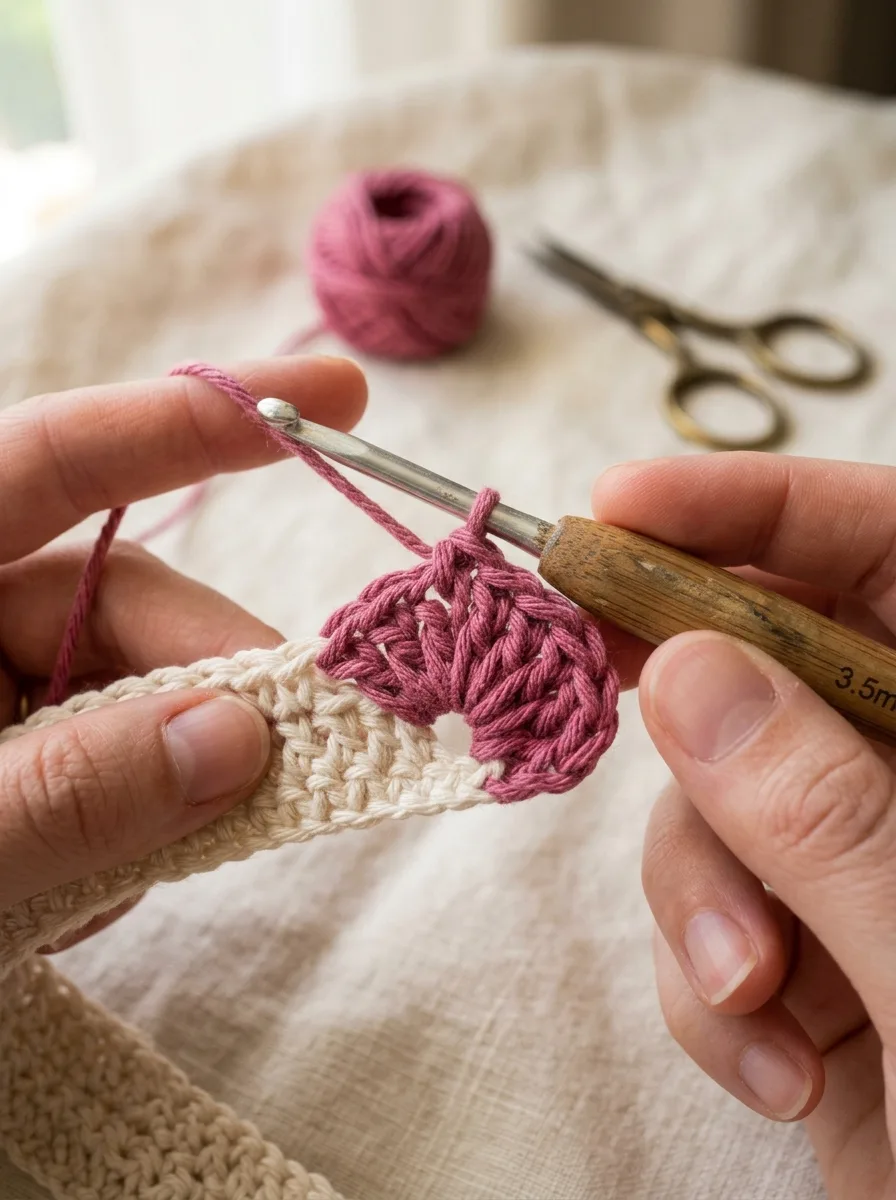 Six double crochet stitches worked into a chain space to form a rounded shell petal.