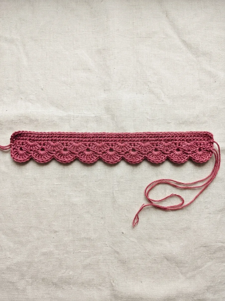 The finished flat crochet rose strip showing a long scalloped edge of thirteen shells.
