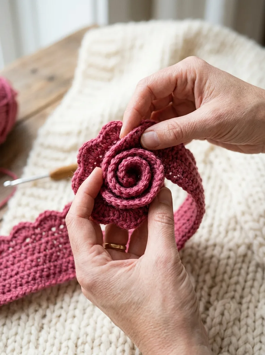 Hands rolling the start of the crochet strip tightly into a spiral to form the rose center.