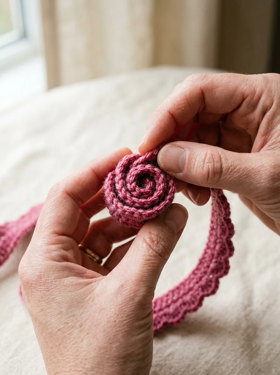 Hands rolling the remaining crochet petals more loosely around the center.