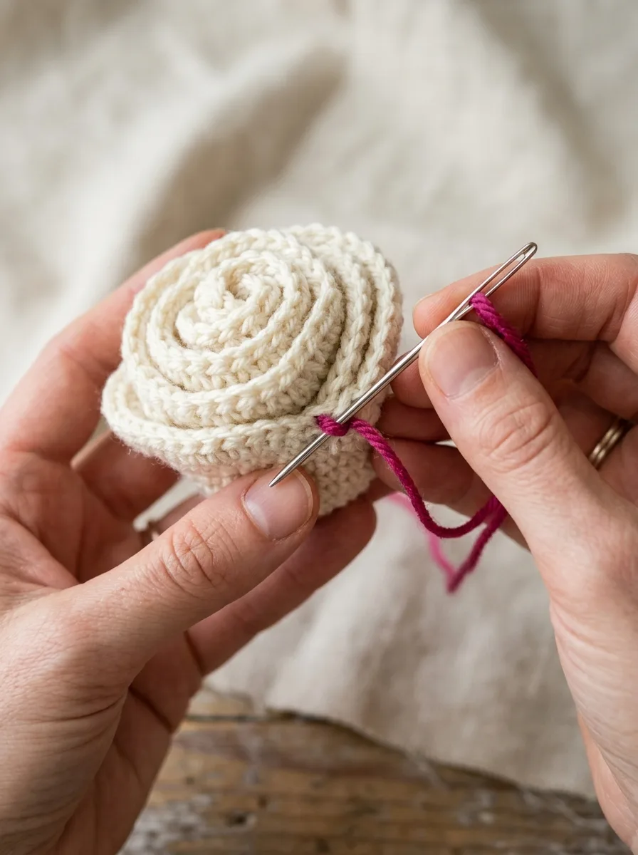 A tapestry needle stitching through the base of a rolled crochet rose to secure the layers.