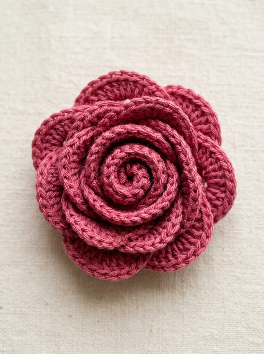 A finished crochet rose seen from above showing the spiral petals.