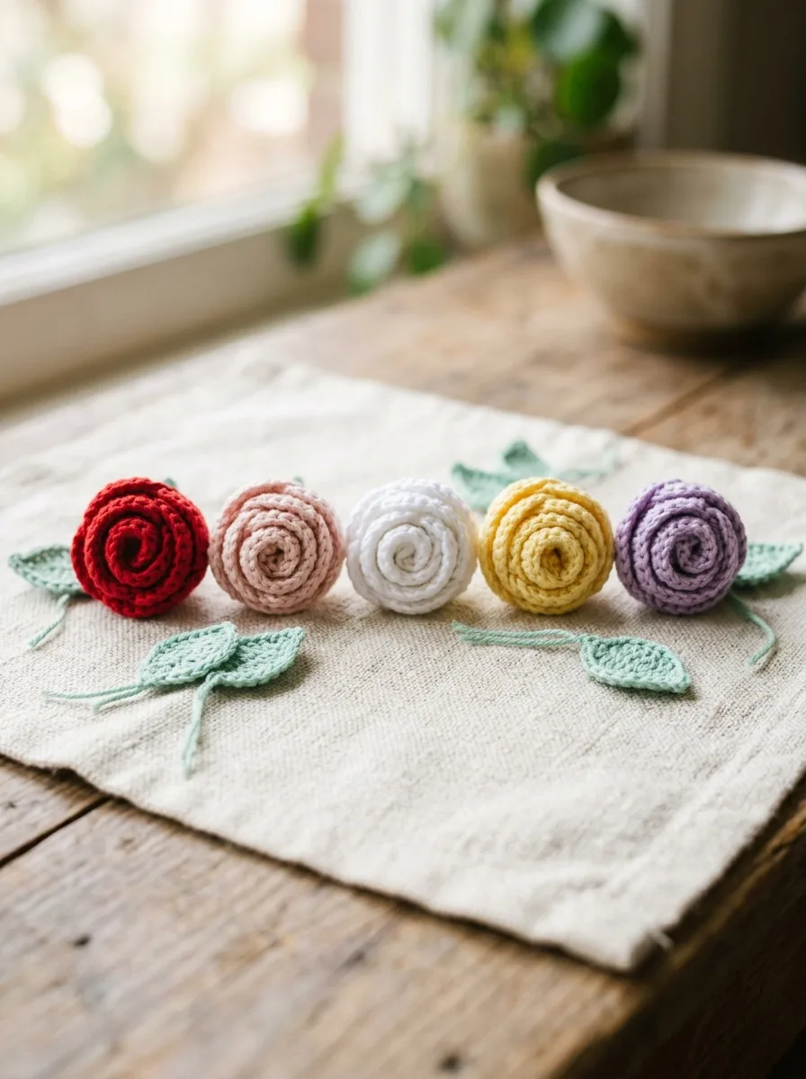 Crochet roses in red, blush, white, yellow, and lilac lined up in a row.