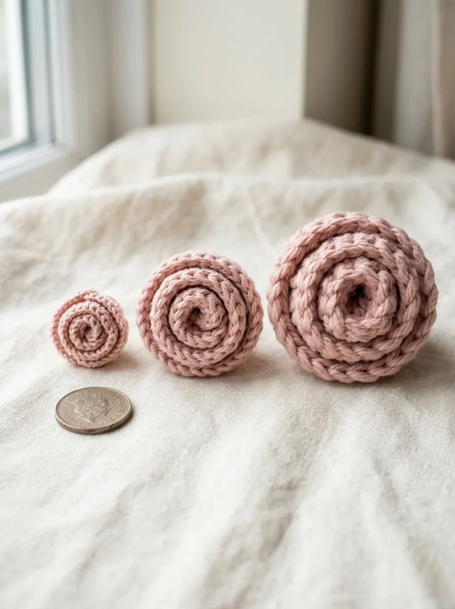 Small and large crochet roses made with different yarn weights side by side.