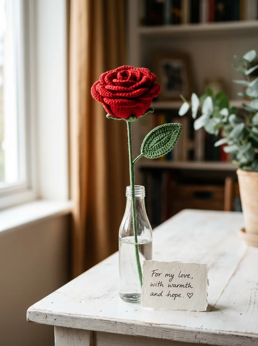 A single crochet rose on a wire stem wrapped in green, in a small glass bottle.