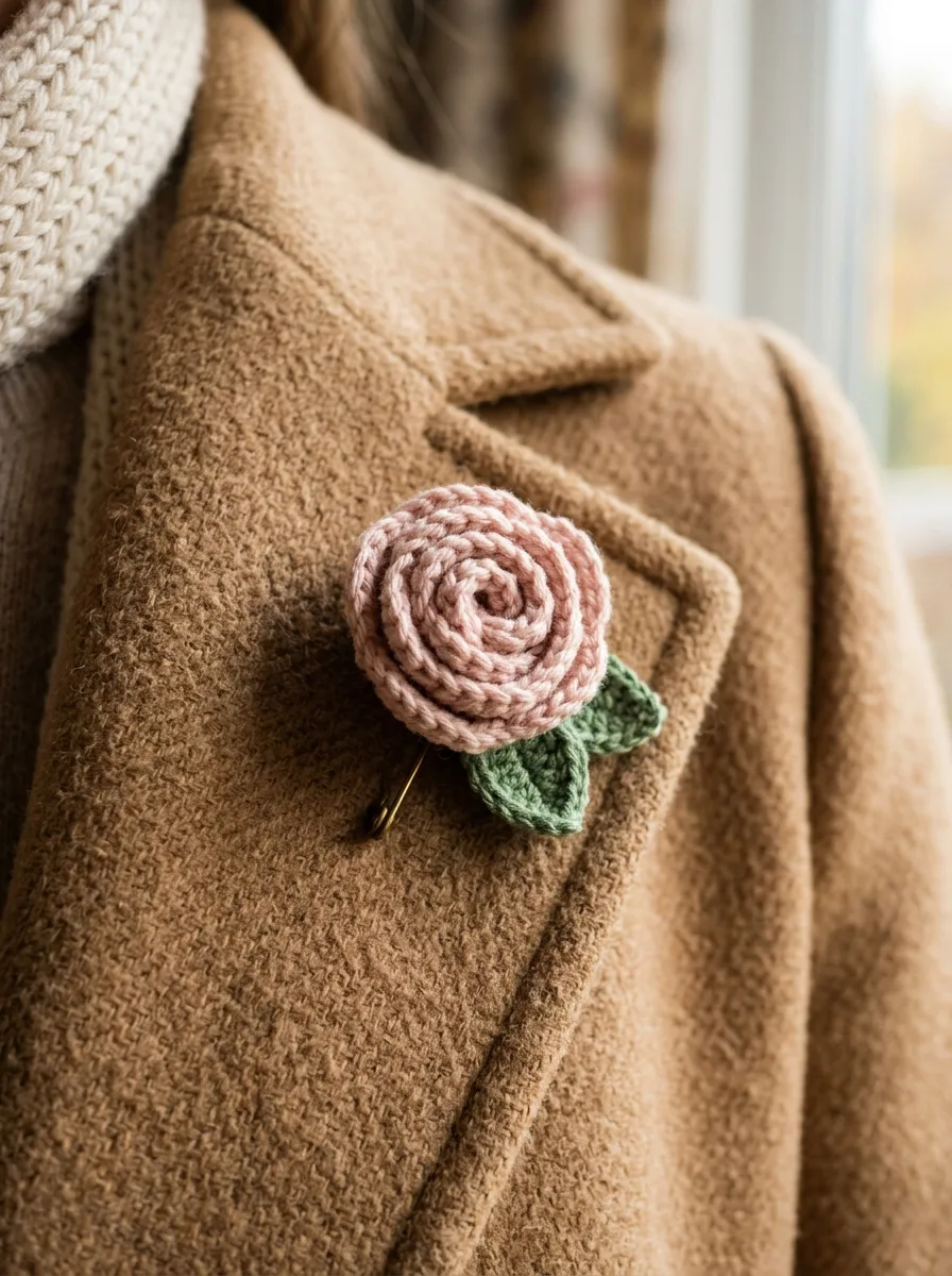 Crochet roses used as a brooch on a coat lapel and as a napkin ring.