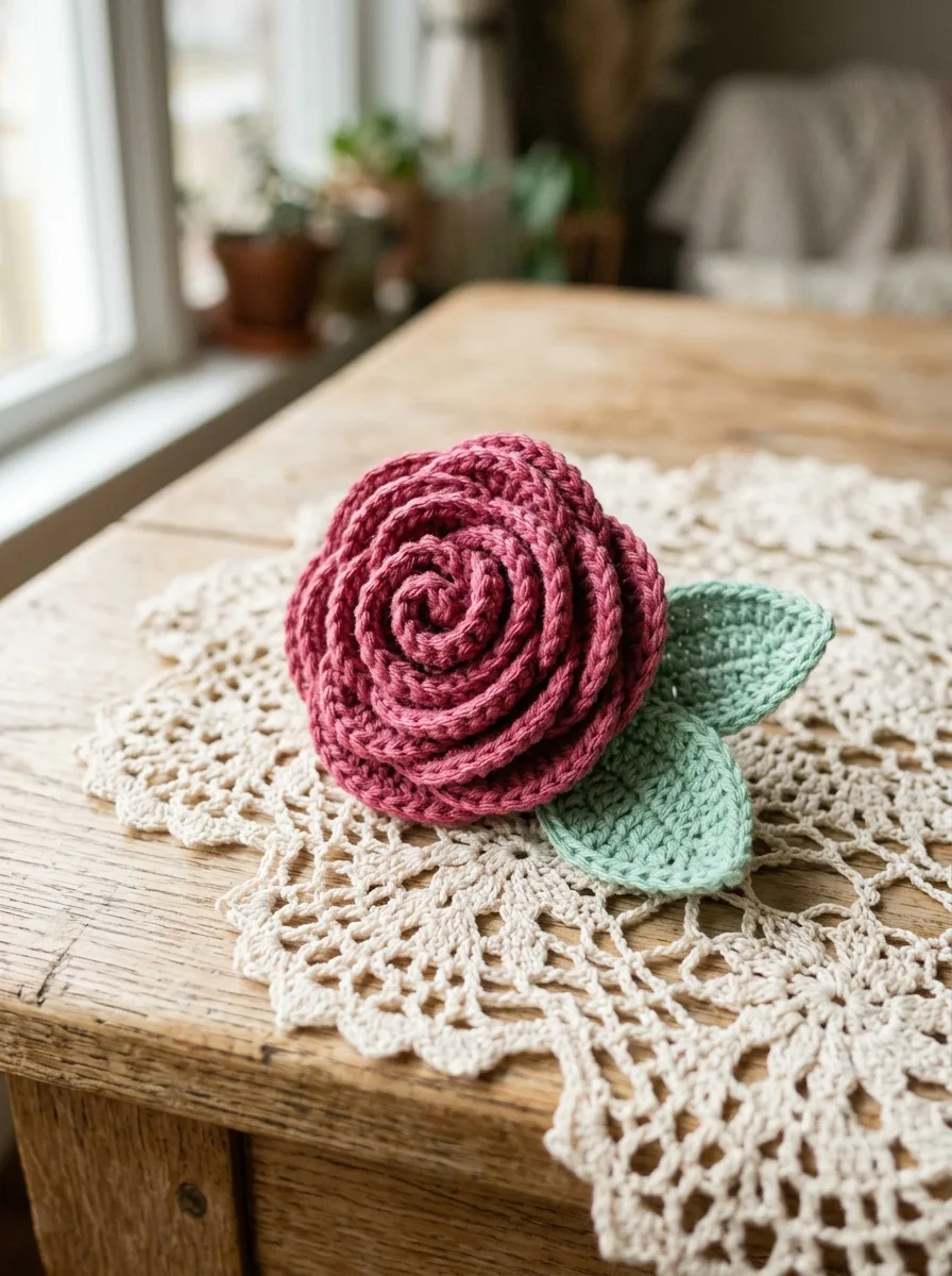 A lush berry-pink crochet rose with spiraling petals and two green crochet leaves resting on a vintage lace doily.