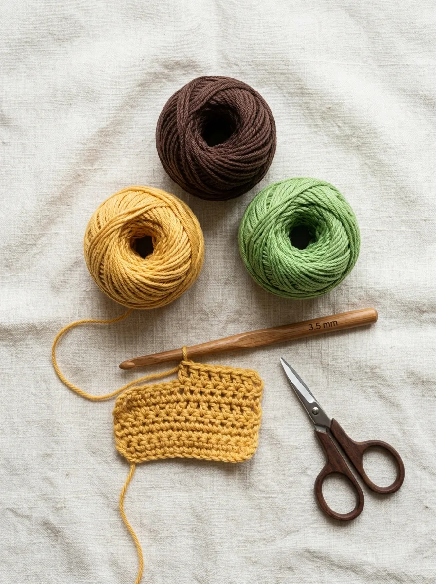 Brown, golden yellow, and green cotton yarn with a 3.5 mm hook for a crochet sunflower.