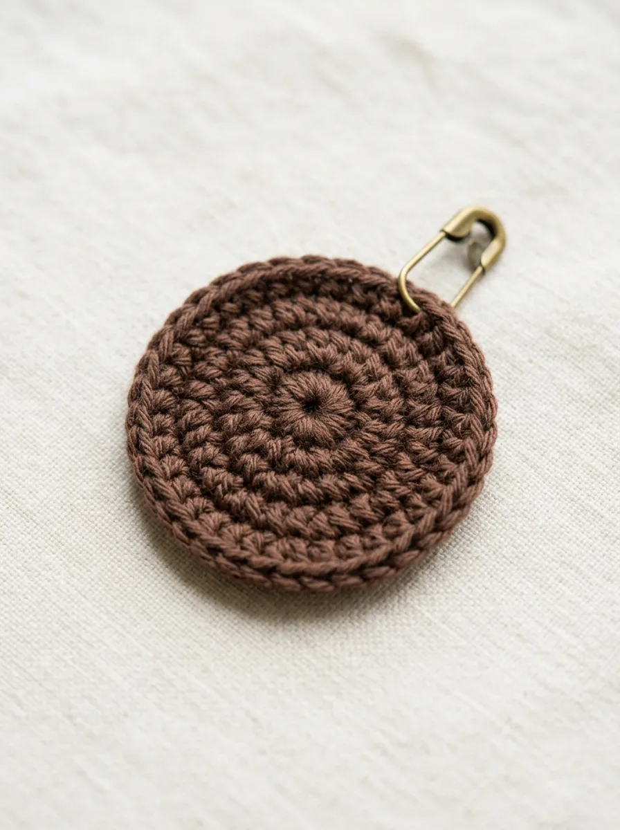 The brown center of a crochet sunflower worked in three rounds.