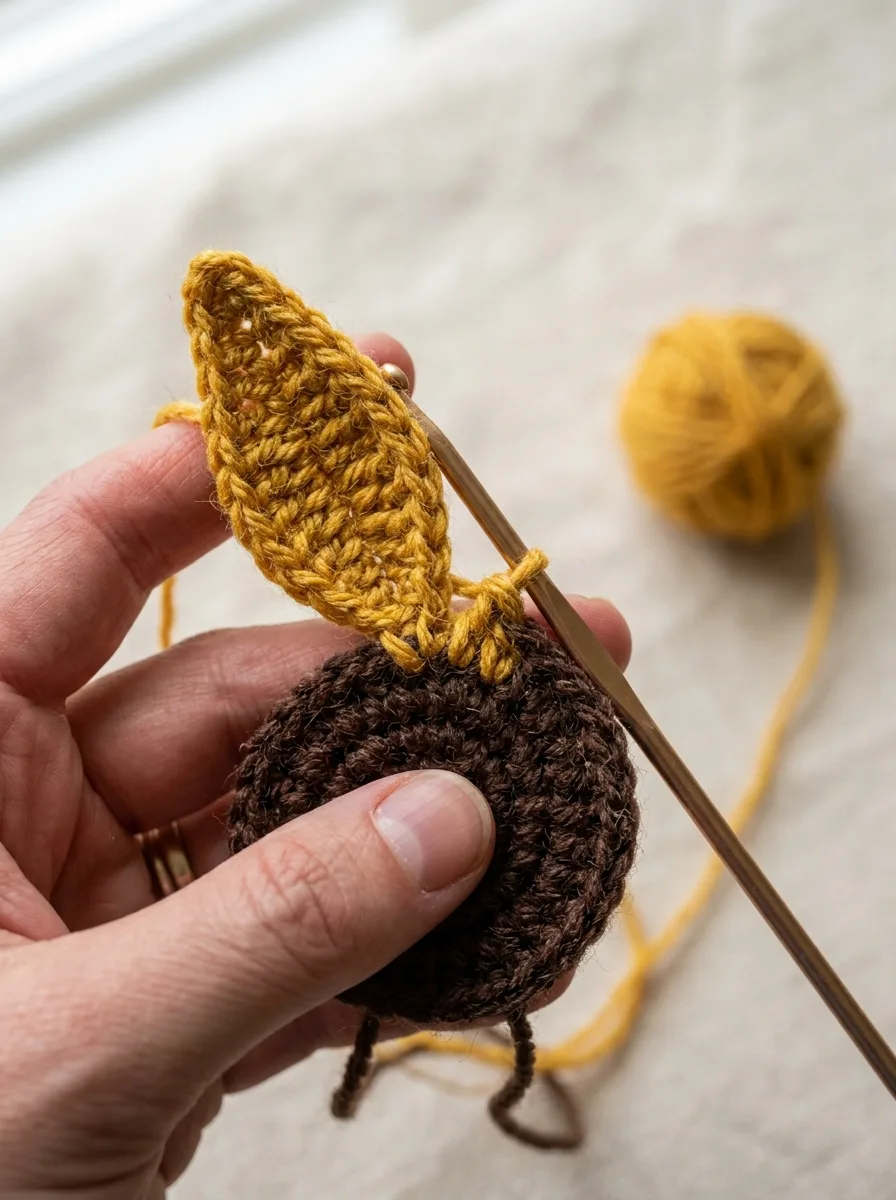 A chain of six stitches worked back down to form a pointed yellow petal on the sunflower center.
