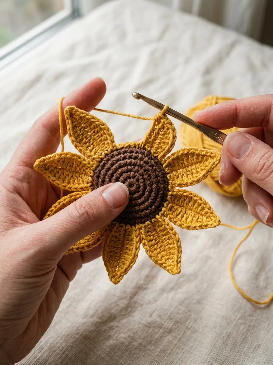 A crochet sunflower halfway through its petal round, with six petals done.