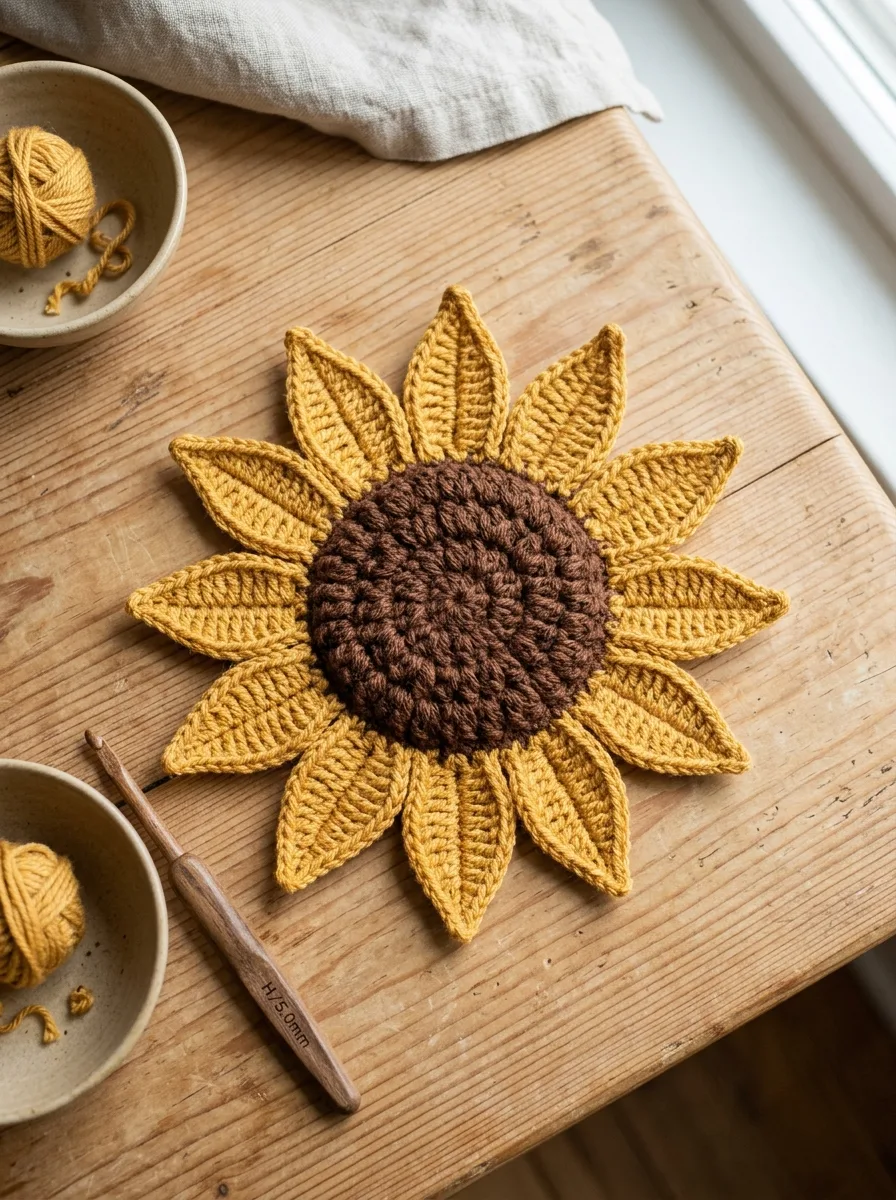 A finished crochet sunflower with twelve golden petals lying on a wooden table.