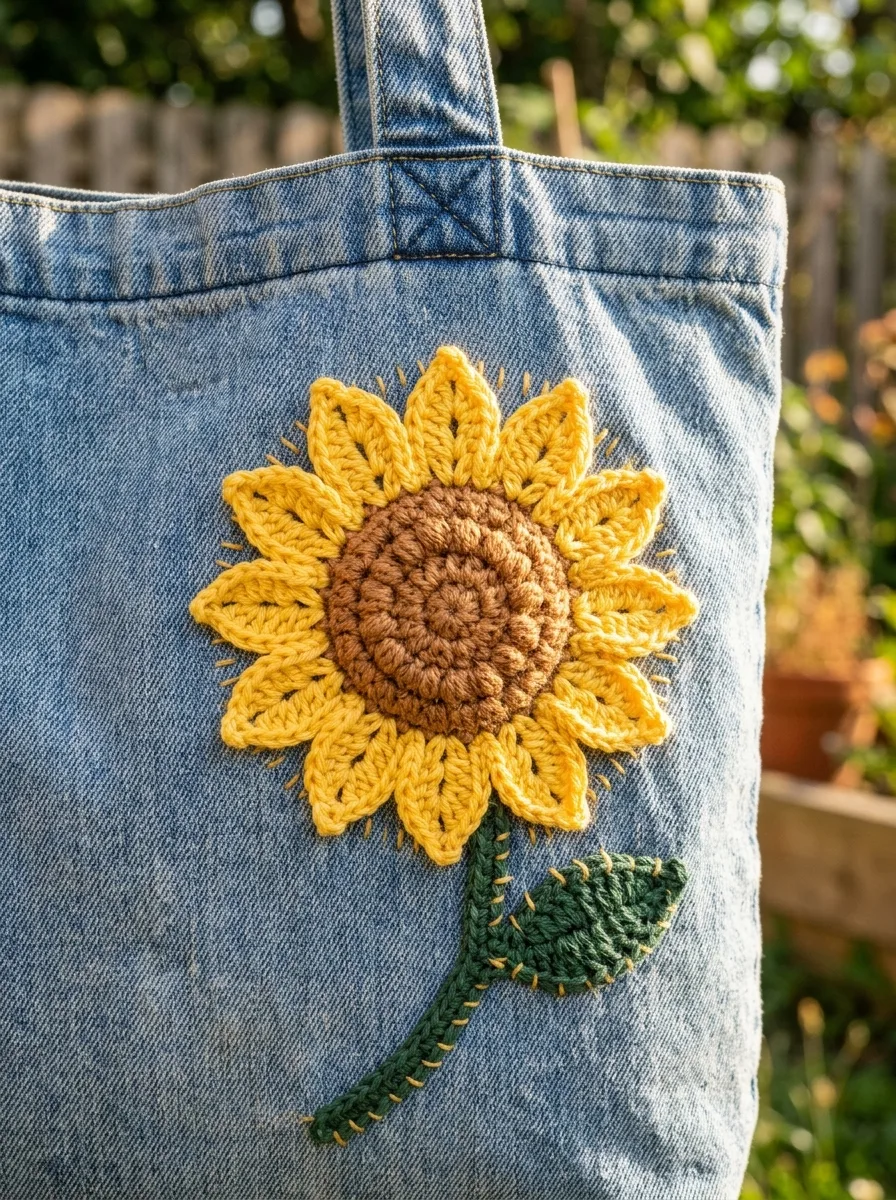 A crochet sunflower appliqué sewn onto a denim tote bag.