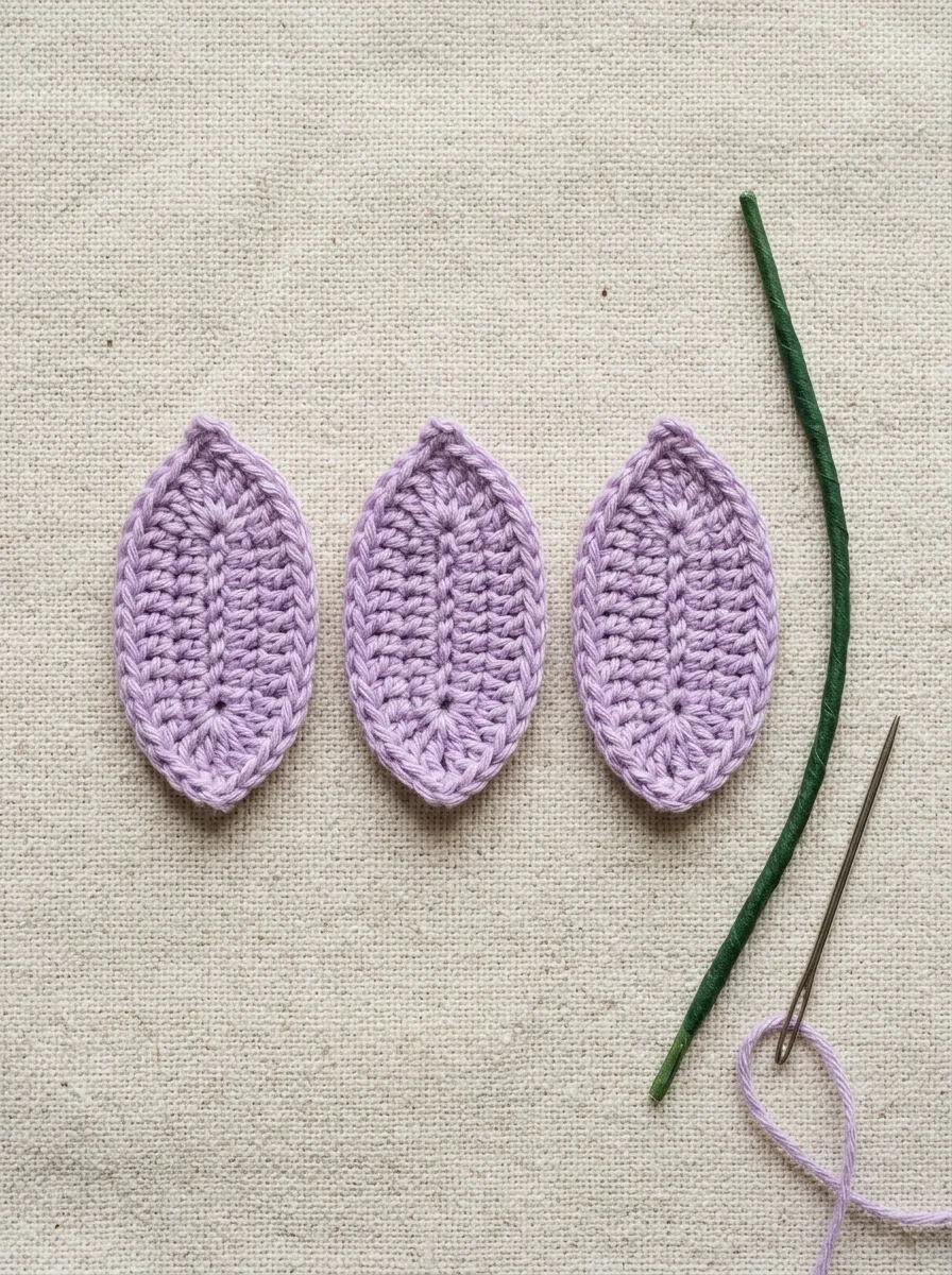Three oval crochet petals in lilac ready to be assembled into a tulip.