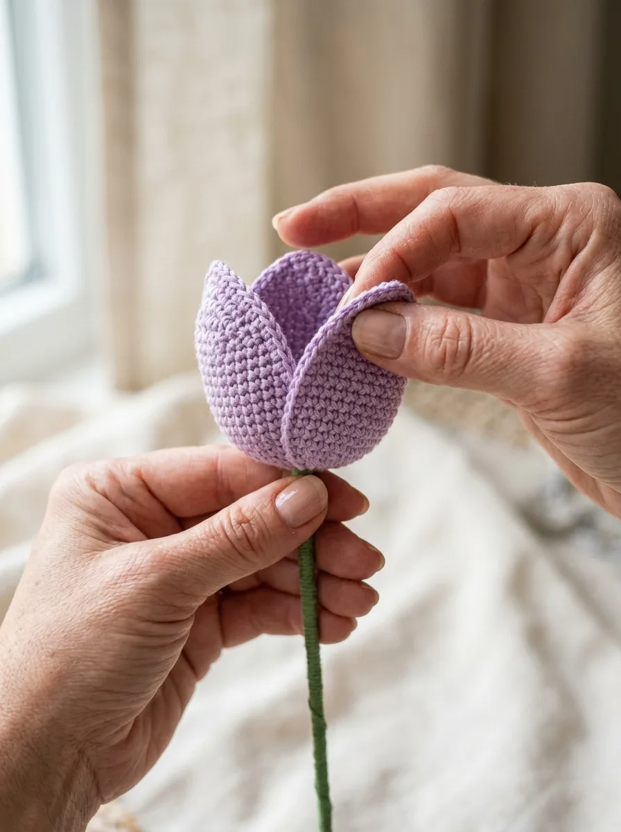 Hands overlapping three crochet petals around a wire stem to form a tulip cup.