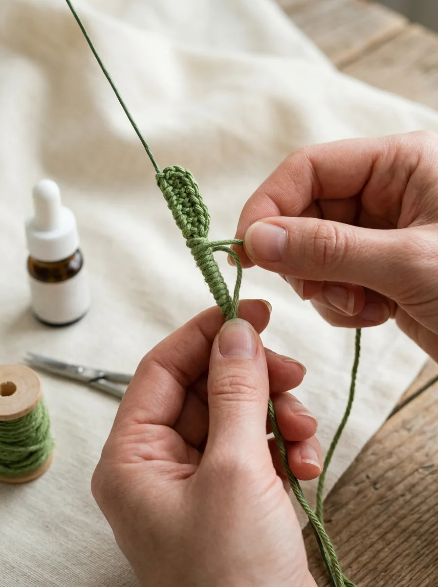A floral wire stem being wrapped tightly with green yarn.