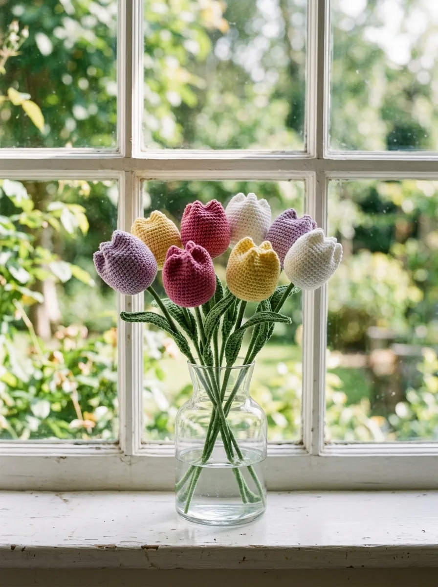 Crochet tulips in lilac, berry pink, butter yellow, and white in a glass vase.