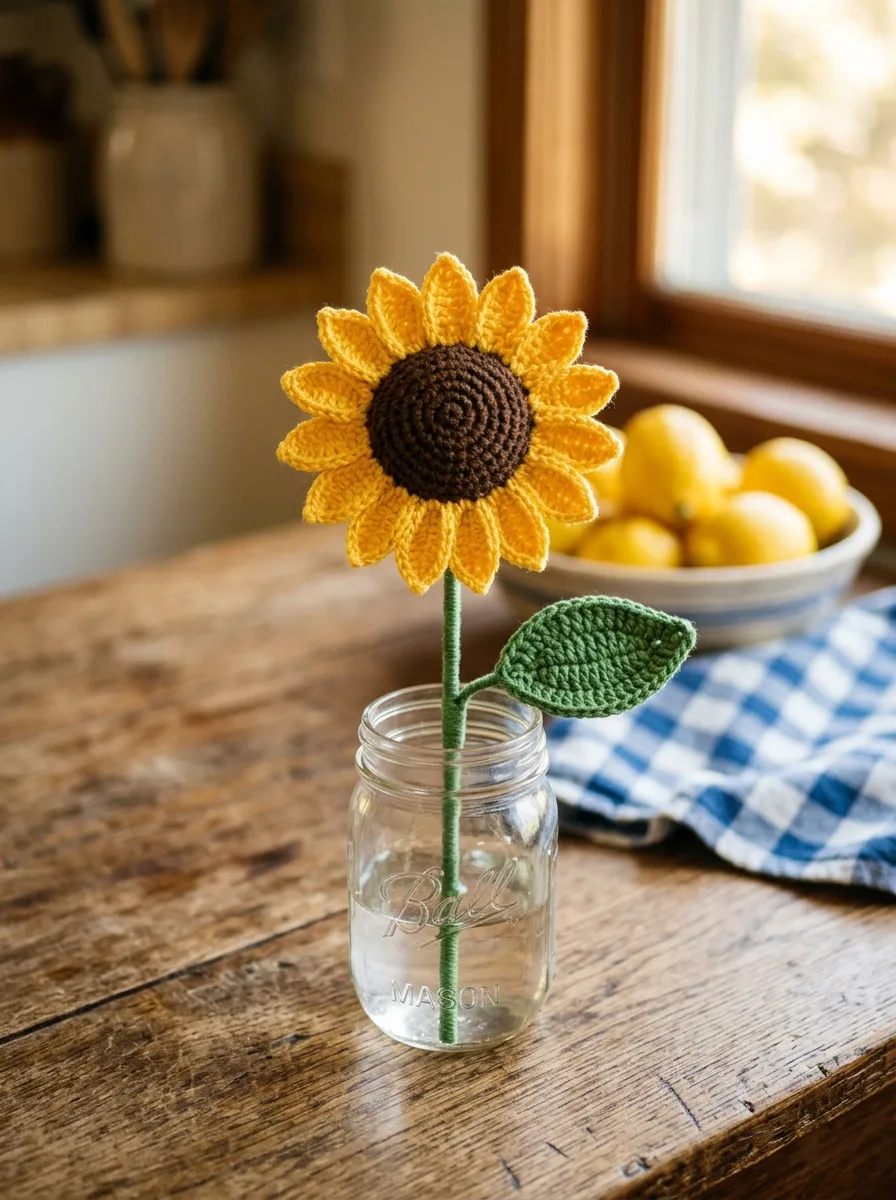 A small crochet sunflower on a green stem in a mason jar on a kitchen table.