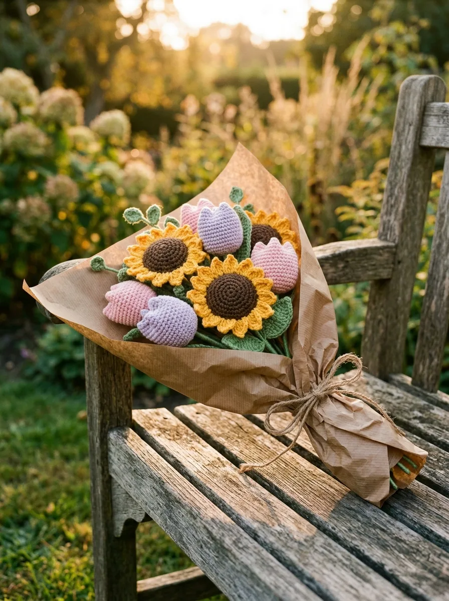 A mixed crochet bouquet of sunflowers and tulips wrapped in brown paper.