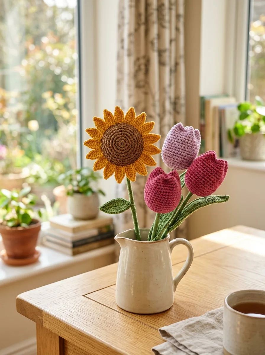 A bright crochet sunflower and three lilac crochet tulips on green stems arranged in a small ceramic pitcher on a sunny table.