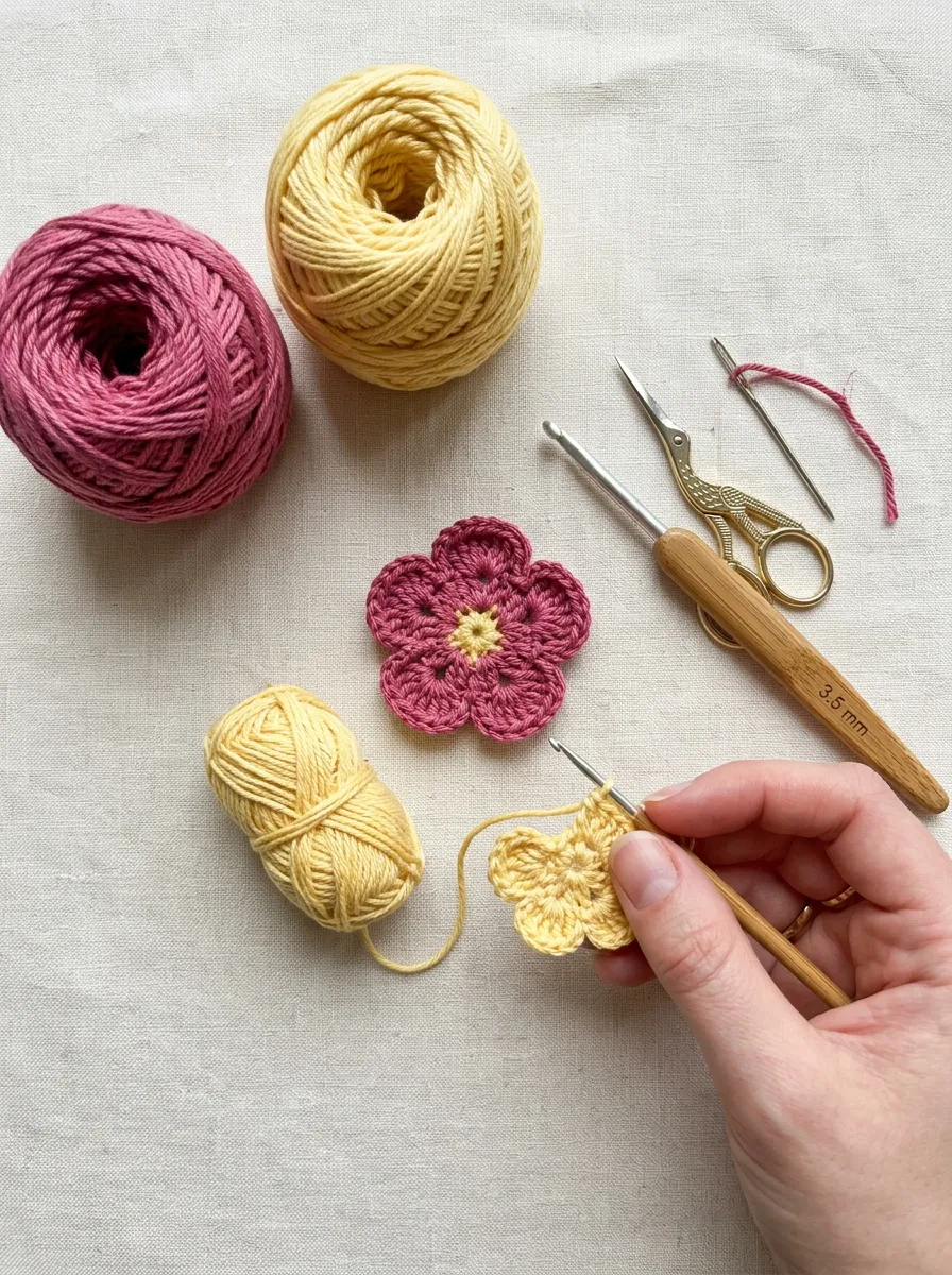 Supplies for a crochet flower: two small balls of cotton yarn in pink and yellow, a 3.5 mm hook, scissors, and a tapestry needle.