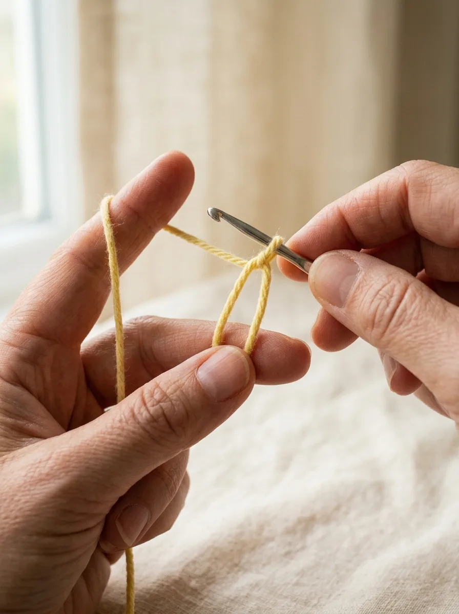 Yellow yarn wrapped around two fingers forming a magic ring with the hook pulling up a loop.
