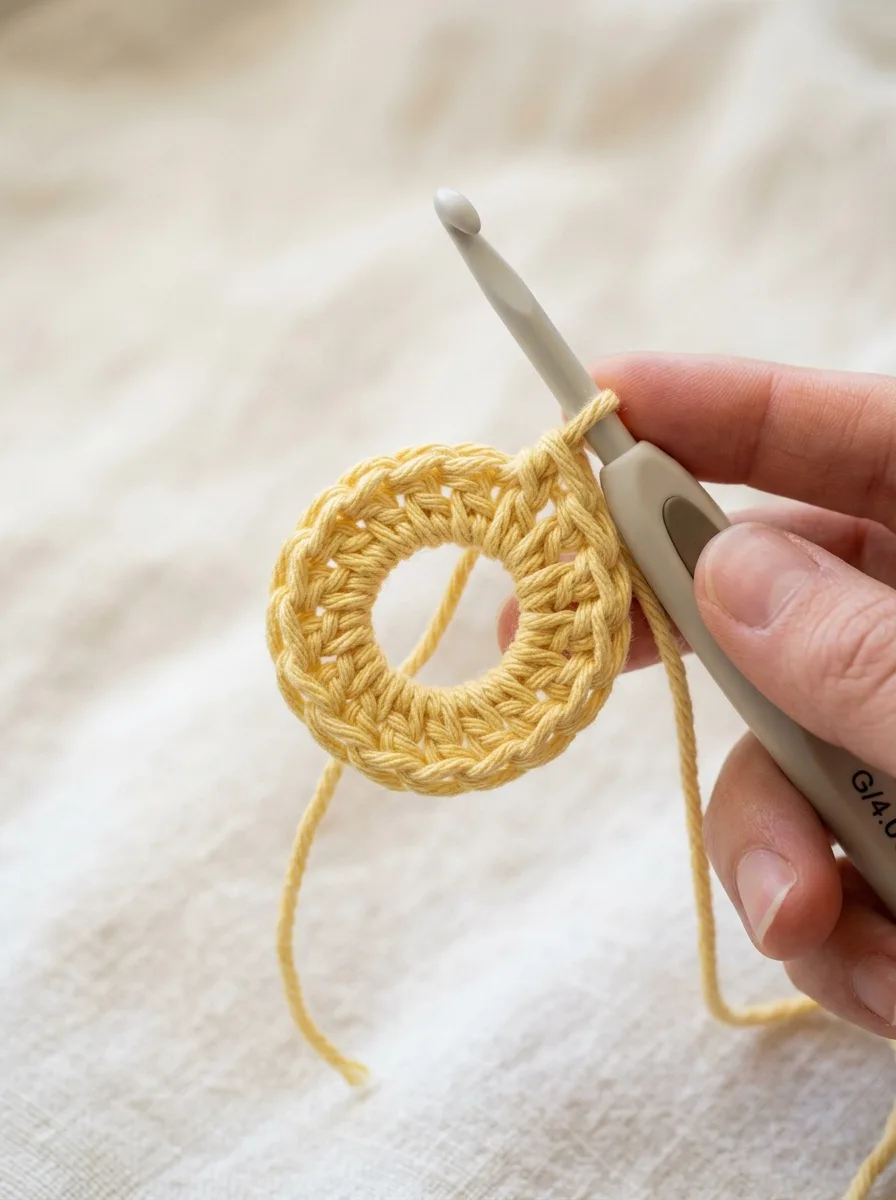 Ten single crochet stitches worked into a magic ring before it is pulled closed.
