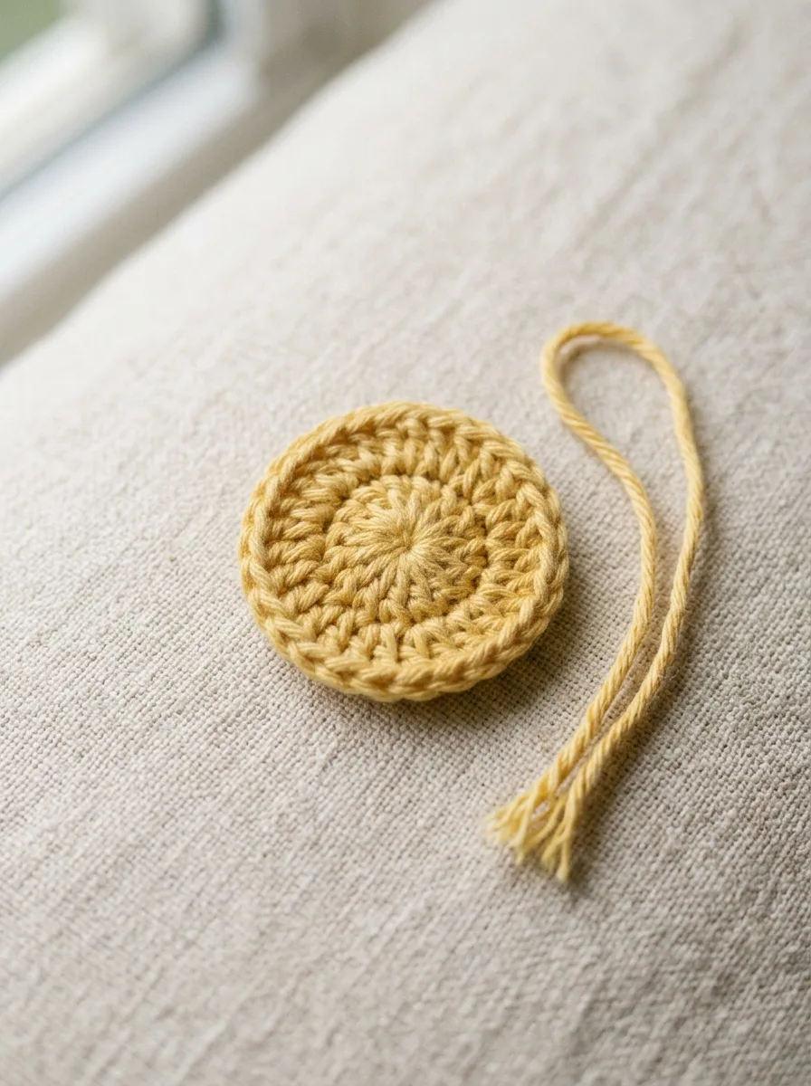 A tight yellow crochet flower center after the magic ring has been pulled closed and joined.