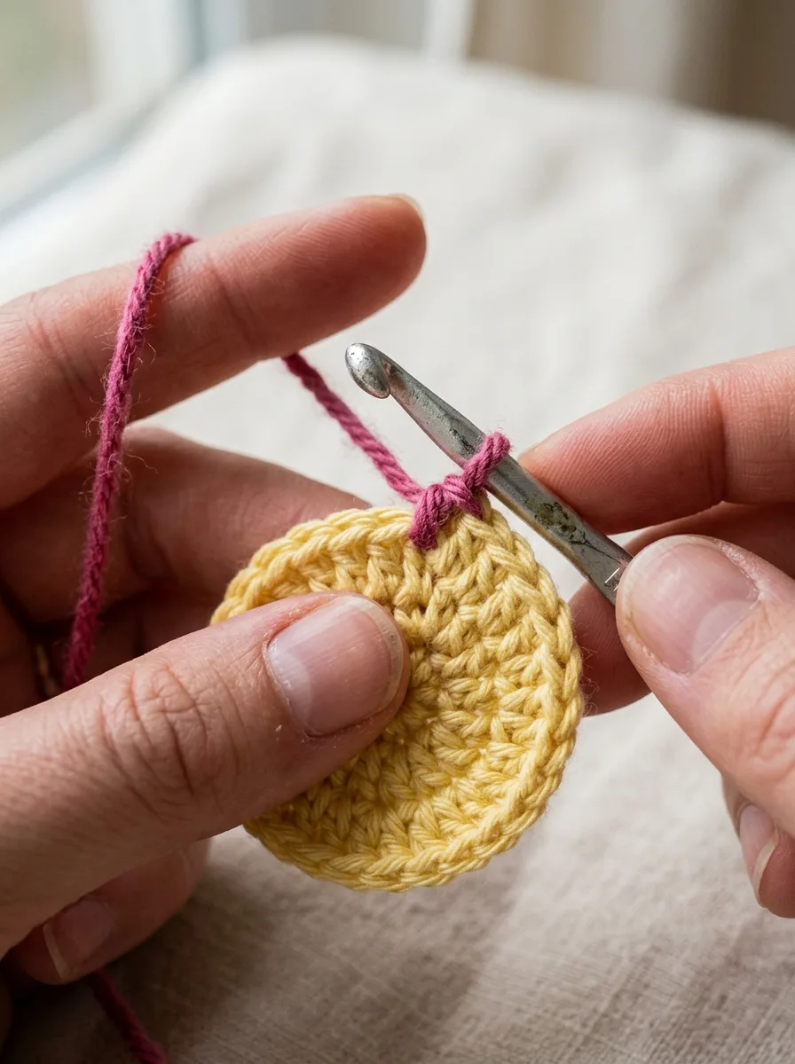 Pink yarn being joined to the yellow flower center with a slip stitch.