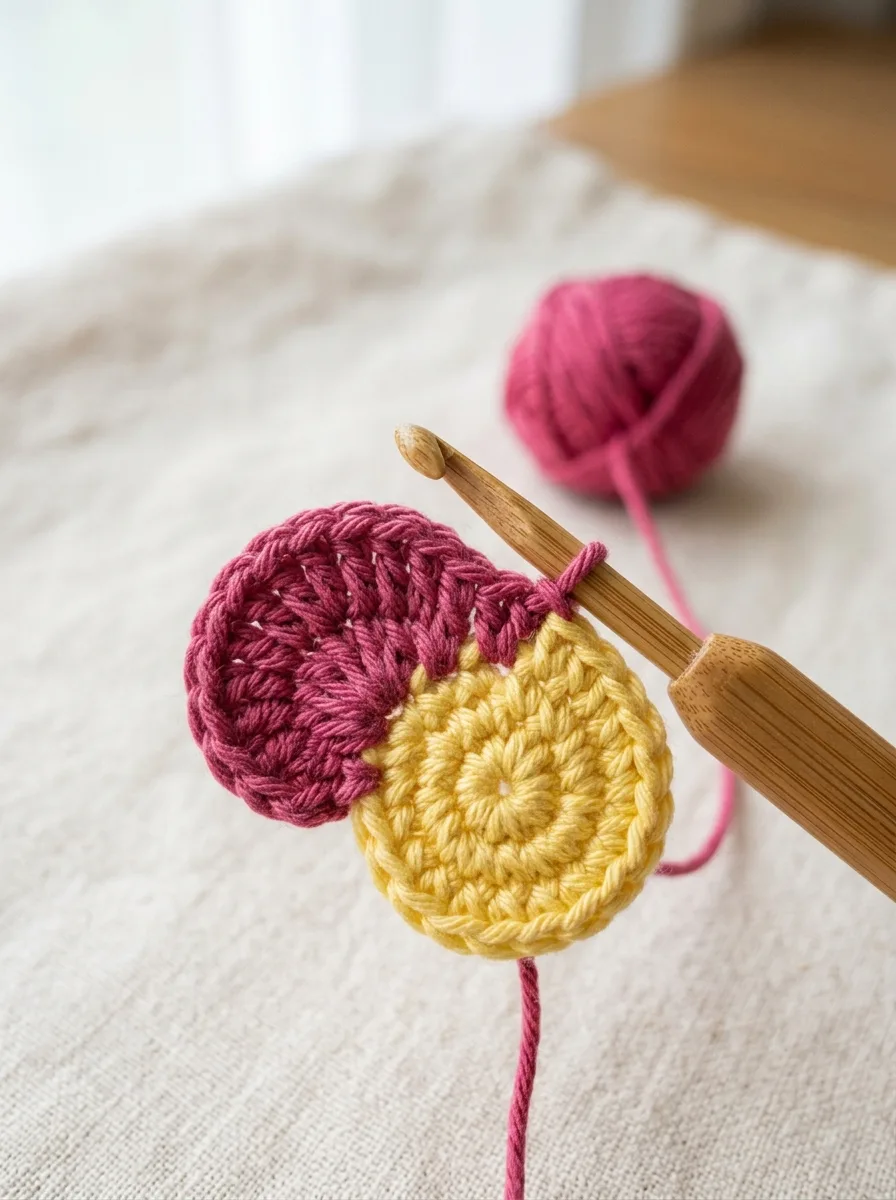 The first pink crochet petal worked on the yellow center: half double, two double crochet, half double in one stitch.