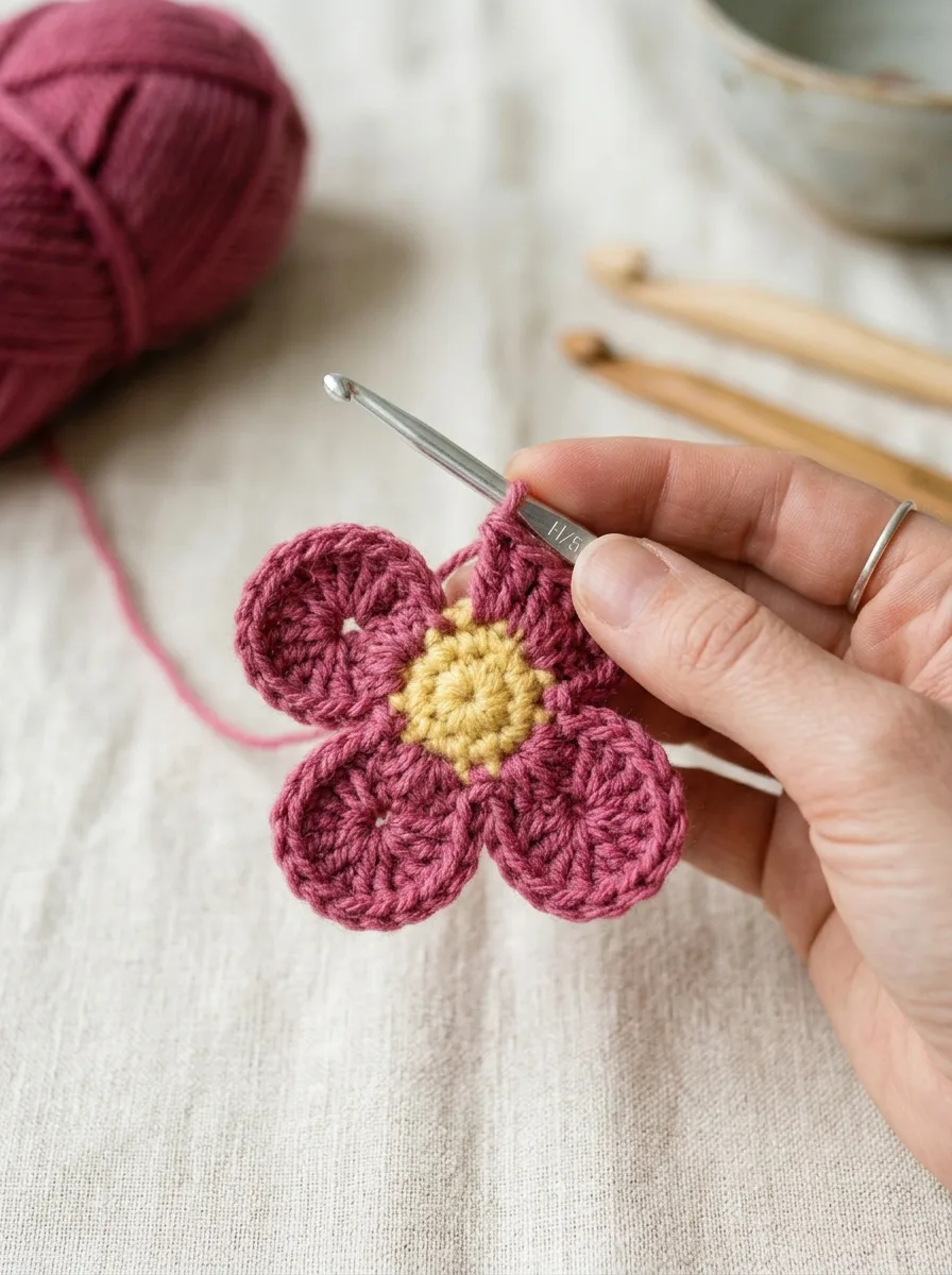 A crochet flower with three of five pink petals completed.