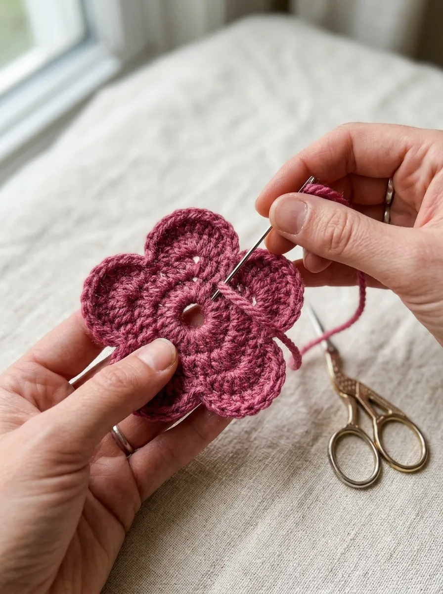 A finished five-petal crochet flower with yarn tails being woven in on the back.