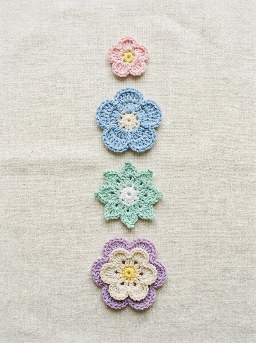 A row of crochet flower variations: small, large, pointed petals, and a two-layer flower.