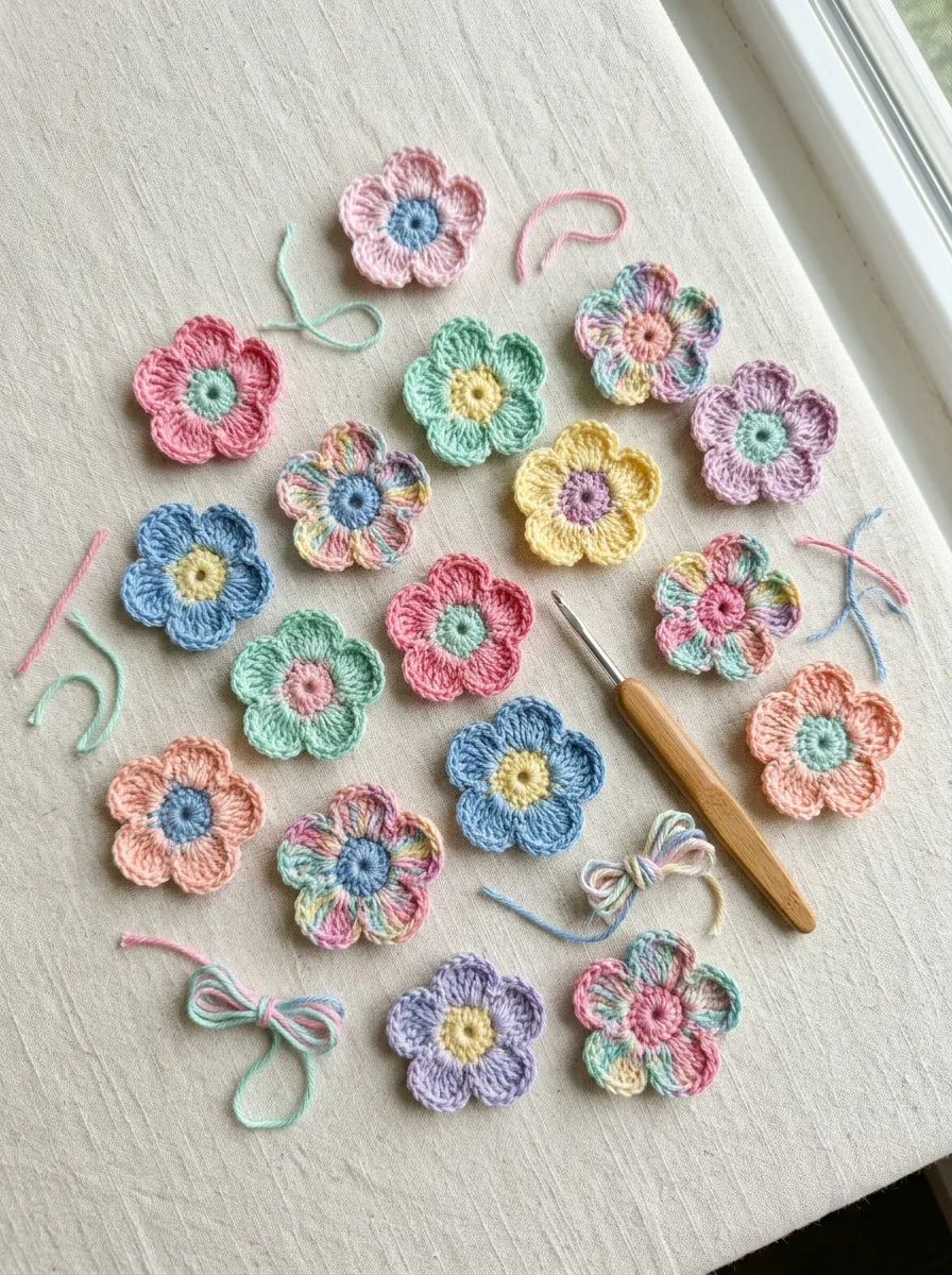 Colorful five-petal crochet flowers made in many color combinations scattered on a table.