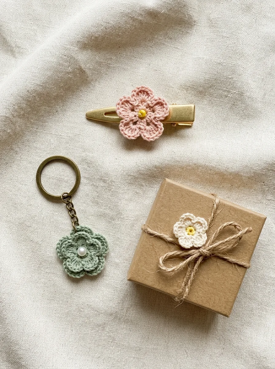 Crochet flowers used as a hair clip, a bag charm, and a gift topper.