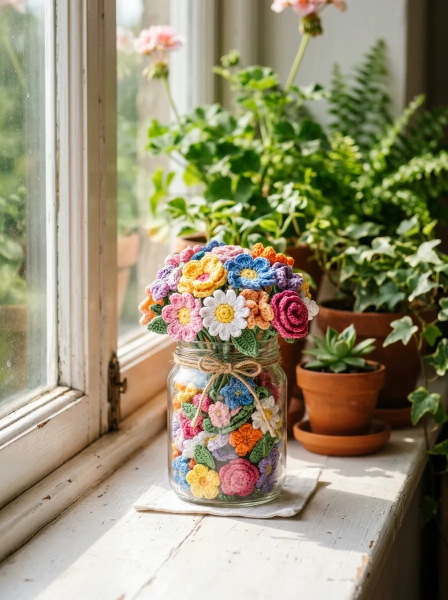 A jar of finished crochet flowers on a sunny windowsill.