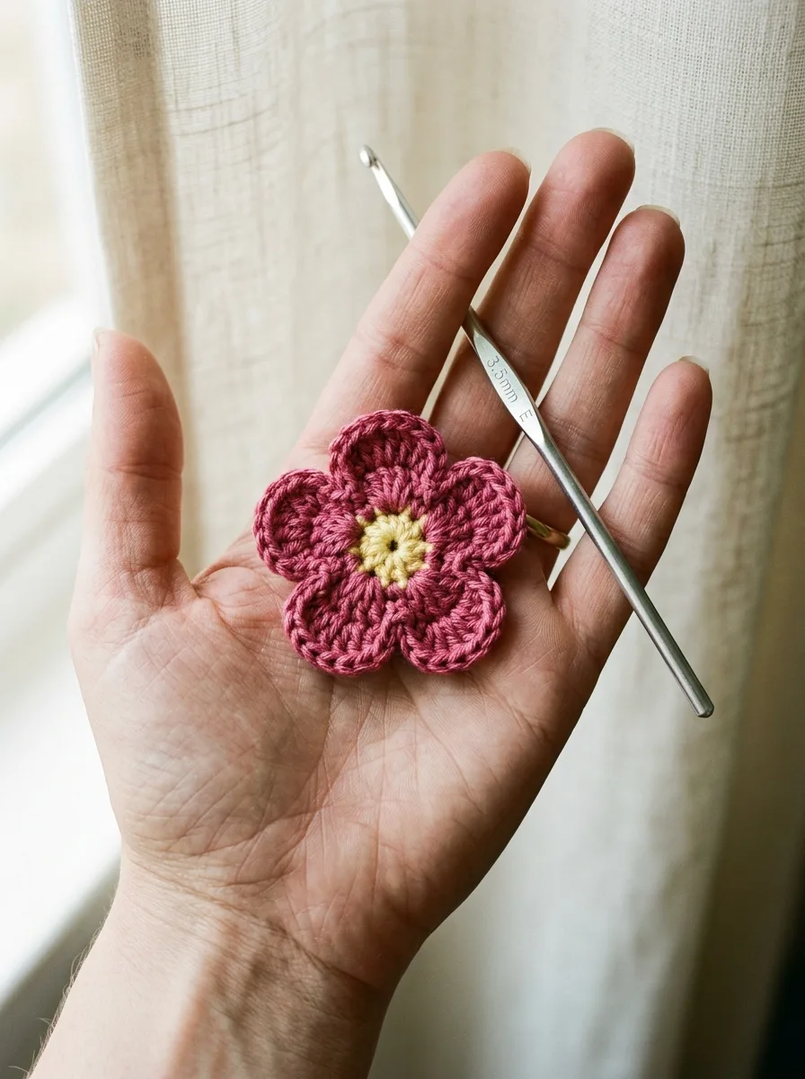 A finished five-petal crochet flower in berry pink with a butter-yellow center, resting on an open palm next to a crochet hook.
