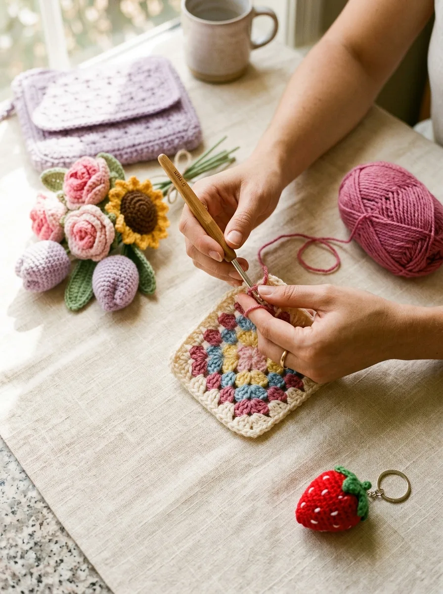 Hands crocheting a pastel granny square with a berry-pink yarn ball, a finished crochet bag, and a small bouquet of crochet flowers on a sunlit cream table.