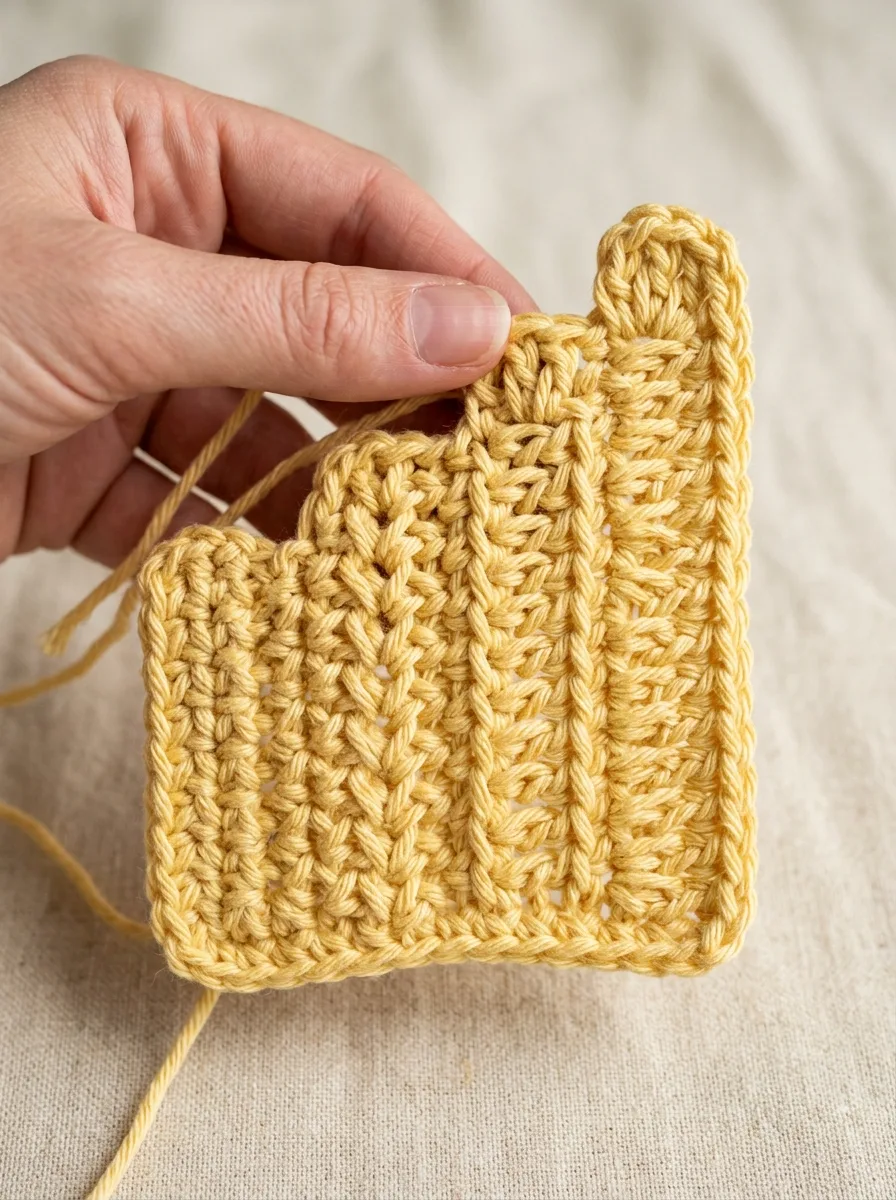Side view of four crochet stitches in a row, showing the height difference between single, half double, double, and treble crochet.
