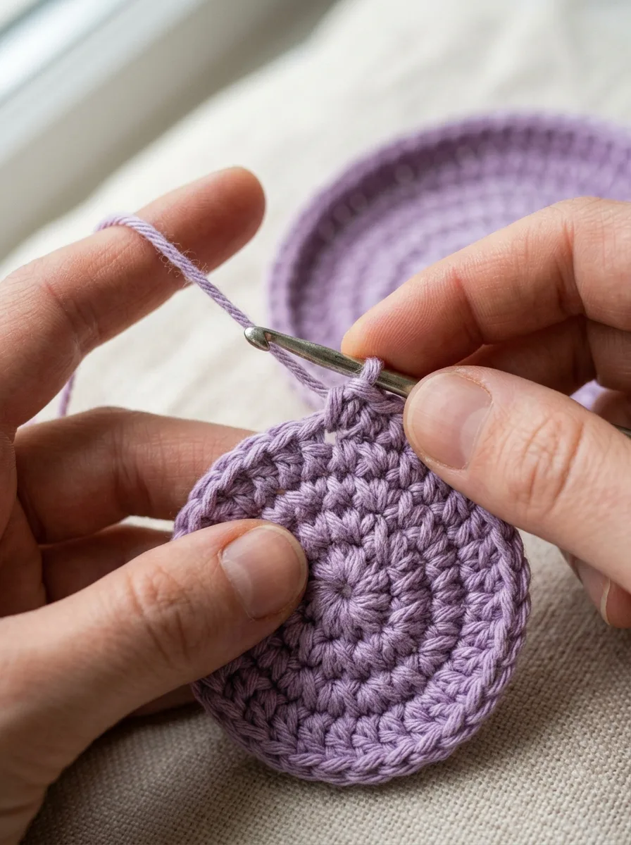 A hook pulling a loop through the chain in a slip stitch joining a round.
