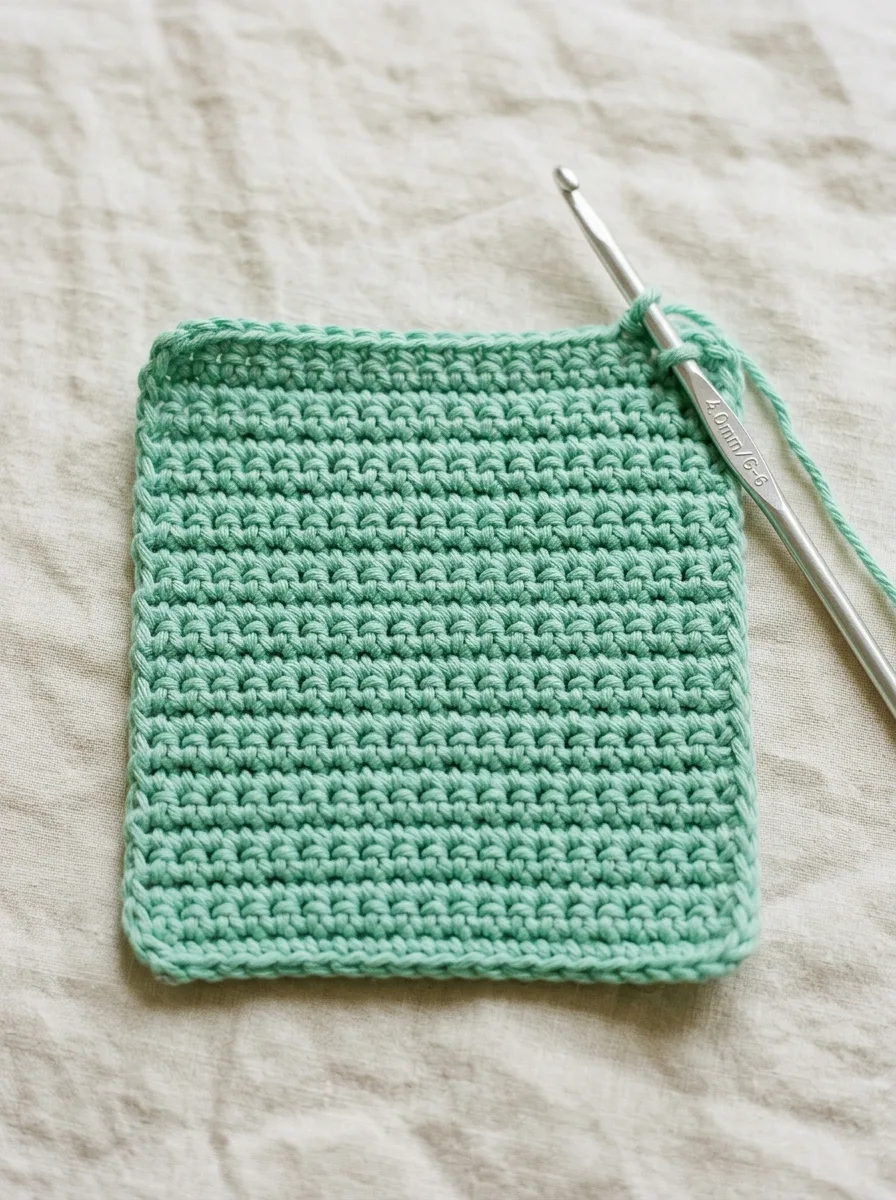 A dense swatch of single crochet rows in mint cotton yarn.