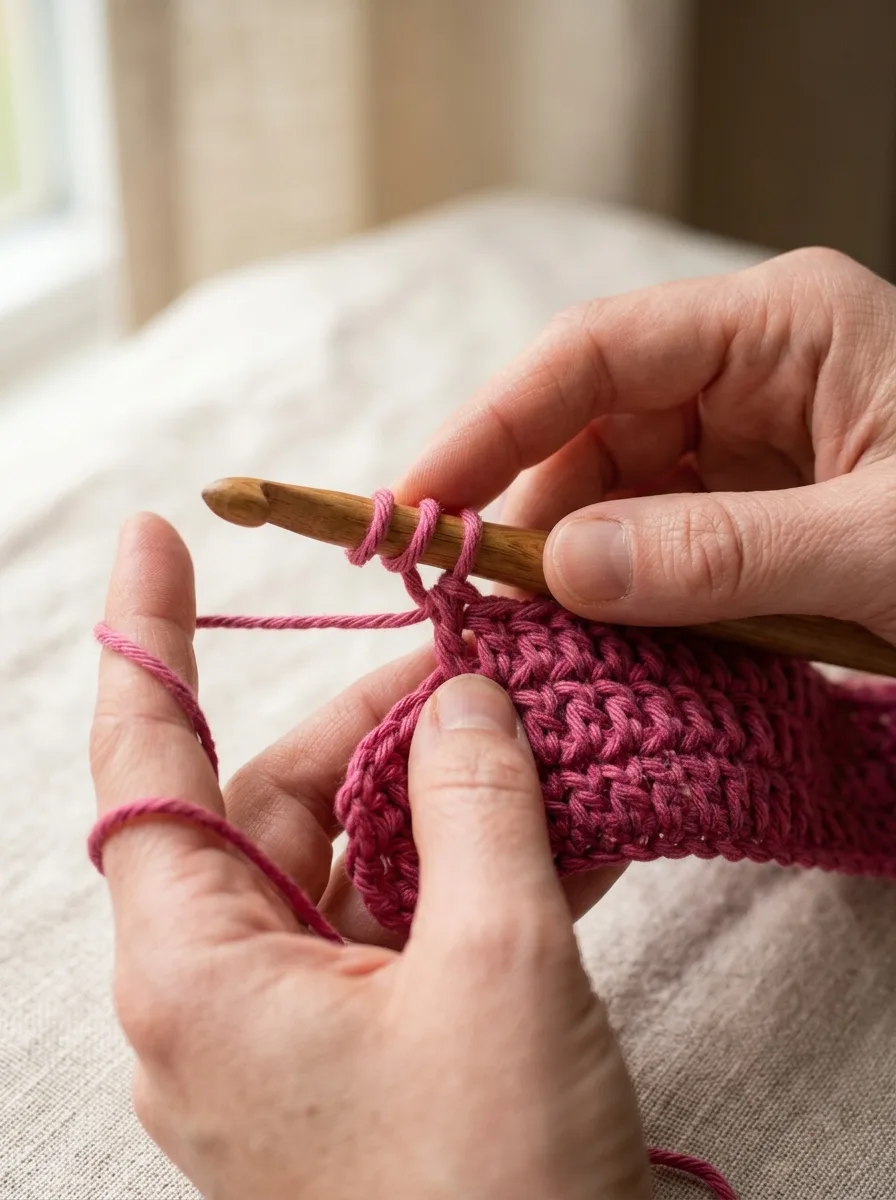 Hands working a half double crochet with three loops on the hook.