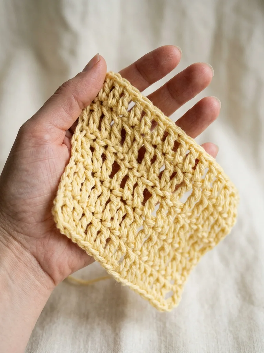 A double crochet swatch in butter yellow yarn showing tall open stitches.
