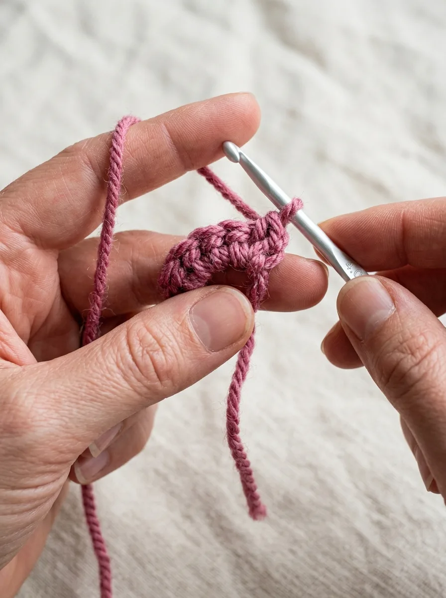 Magic ring in progress: a loop of yarn around two fingers with six single crochet worked into it.