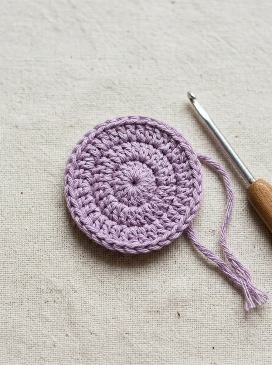 A small flat crochet circle in lilac yarn after the magic ring has been pulled closed, with no hole in the center.