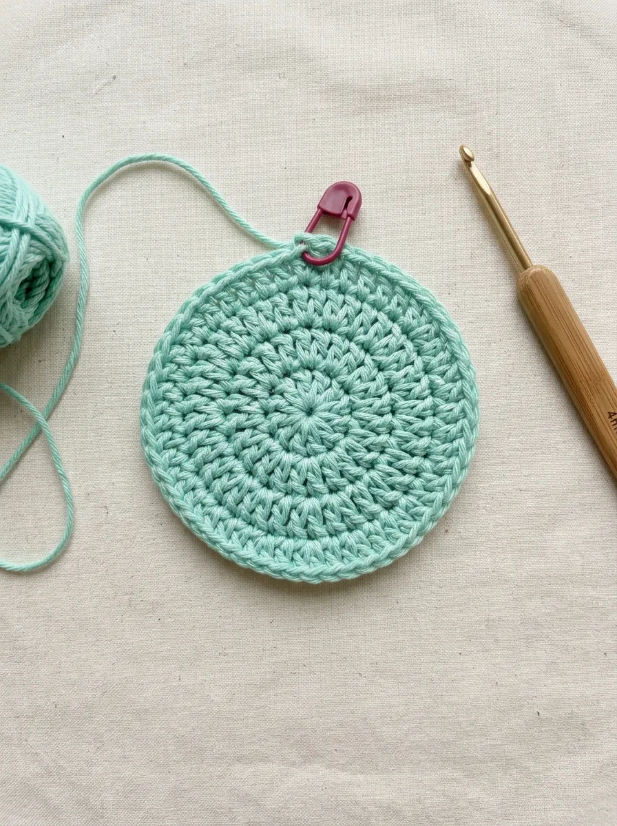 A flat circle growing round by round with a stitch marker in the first stitch of the round.
