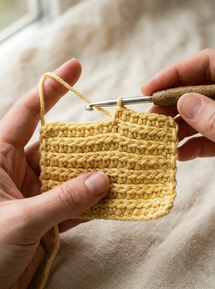 Close-up comparison of crochet worked in back loops only, creating a ridged, ribbed texture.